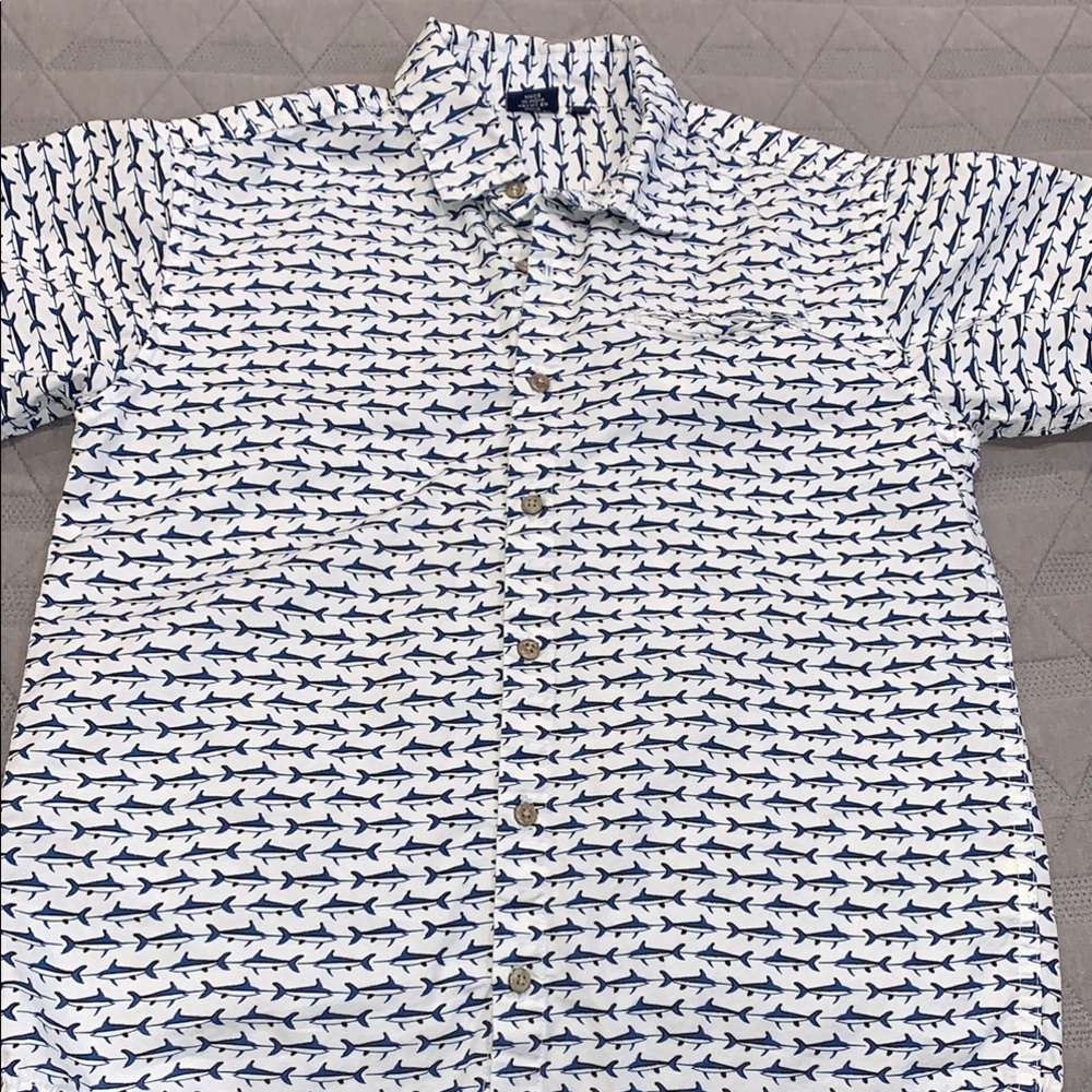 Bear Camp Blue and White Button Down Shirt with Geometric Pattern